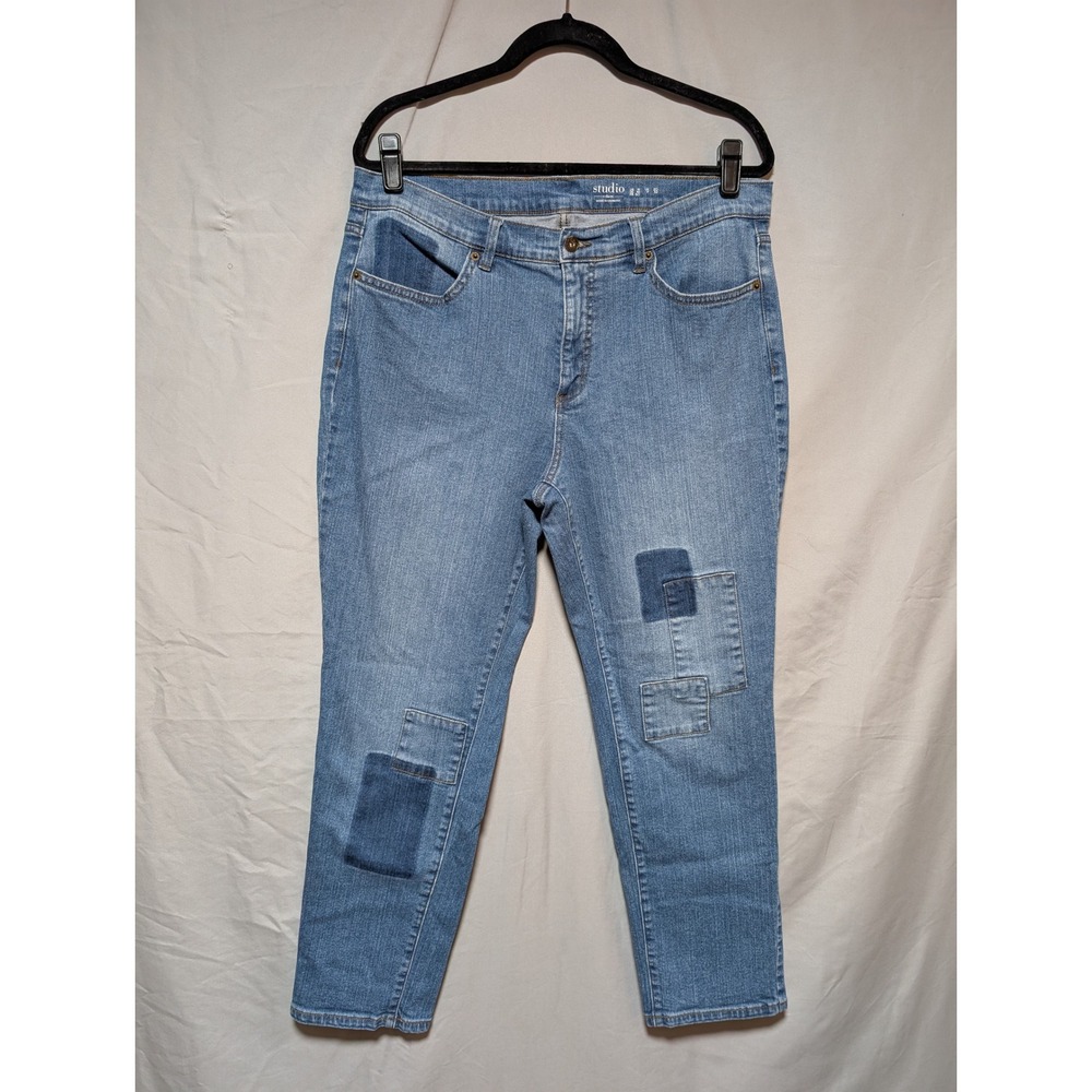 Studio by D&Co Light Wash Patchwork Straight Cotton Jeans QVC Comfort Womens 16